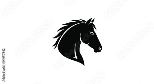 A striking black horse head is prominently displayed against a white background creating a bold silhouette high quality professional detailed modern