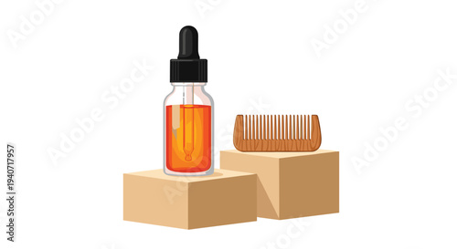 A clear glass dropper bottle containing amber oil and a small wooden comb are elegantly displayed on two distinct rectangular blocks.