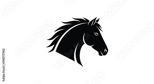 A striking black horse head is dramatically presented in a minimalist bold silhouette high quality professional detailed modern elegant stylish clean