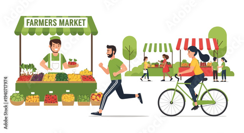 A vibrant farmers market scene depicts people shopping and enjoying fresh produce showcasing a flat design silhouette high quality professional detailed
