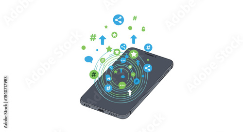 Flat 2D illustration of a smartphone with social media icons and symbols radiating from the screen on a clean white background.