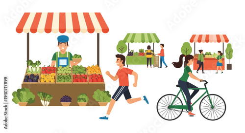 A vibrant outdoor farmers market scene with people shopping running and cycling presented as a silhouette high quality professional detailed modern