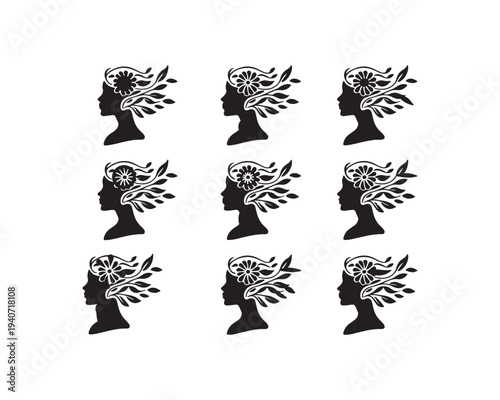 Nine black silhouette profiles of women with intricate floral and leaf in their hair creating a decorative and pattern on a