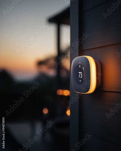 Smart home device with ambient glow on modern house exterior at dusk