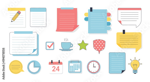 Colorful office supplies and notes are arranged on a white background depicting a flat design silhouette high quality professional detailed modern