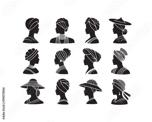 Set of black silhouettes of women's heads wearing diverse African-inspired headwraps and hats, showcasing intricate patterns