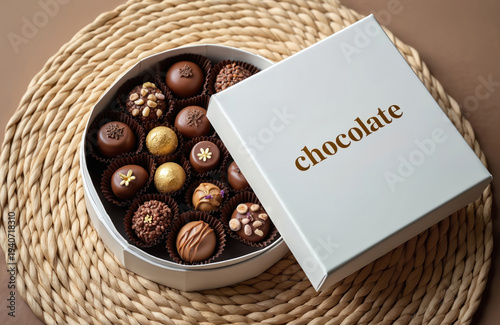 Assortment of luxury chocolates in a gift box. Assorted gourmet truffles with nuts and edible flowers. Sweet treats presented in elegant packaging for celebration or special occasion.