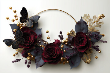 Elegant dark red rose wreath with black butterflies and gold accents on white.