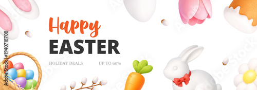 Happy Easter banner with bunny, basket of eggs and carrot. 3D realistic holiday sale illustration