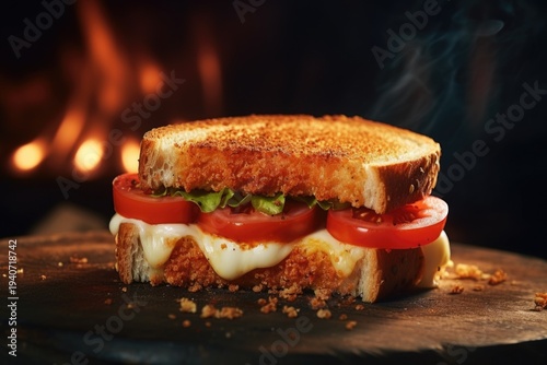 A close-up view of a sandwich on a cutting board. This image can be used to showcase delicious food or for culinary-themed projects