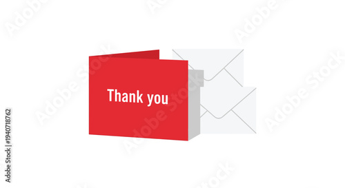 A red folded greeting card with Thank you text is shown with two stacked white envelopes behind it.