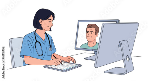 A female healthcare worker in blue scrubs interacts with a patient through a video consultation on a computer in a flat 2D style post pandemic