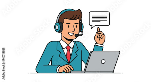 A customer service representative working on a laptop gesturing while engaged in a conversation silhouette high quality professional detailed modern elegant