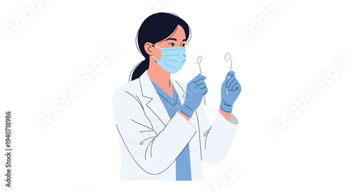 A female doctor wearing a mask and gloves holds a dental mirror and probe while looking to her right.