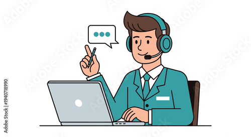A cheerful customer service representative wearing a headset and gesturing while working on a laptop silhouette high quality professional detailed