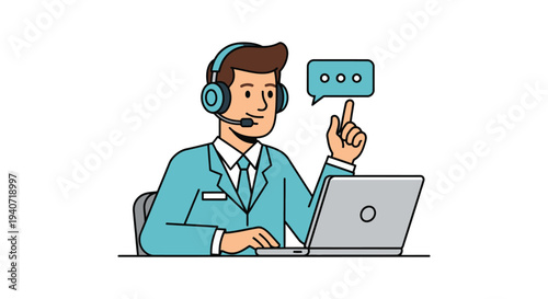 A customer service representative wearing a headset interacts with a client via laptop shown as a silhouette high quality professional detailed