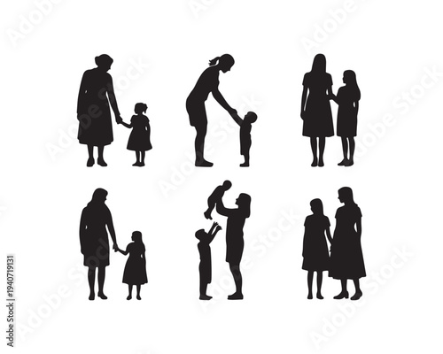 Six black silhouette figures of mothers and children interacting on white background family parent