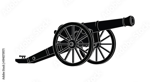 A stark black silhouette depicts a vintage civil war era cannon highlighting historical weaponry silhouette high quality professional detailed modern elegant