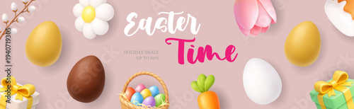 Easter Time holiday banner with basket of colorful eggs, flowers and gifts. 3D spring background