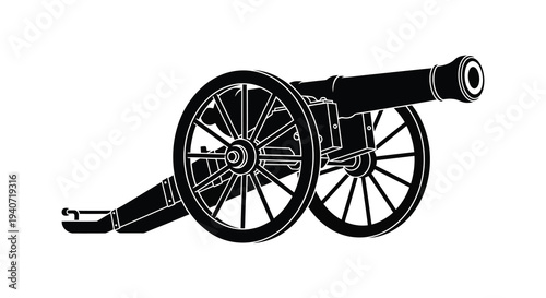 A striking black silhouette depicts an antique cannon showcasing historical weaponry and a vintage aesthetic silhouette high quality professional detailed modern