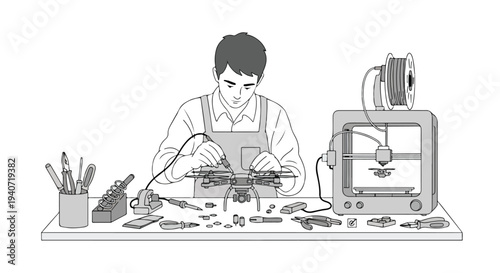 A man in an apron works on a 3D printer in a tech innovation office with various tools and parts scattered on a flat 2D desk.