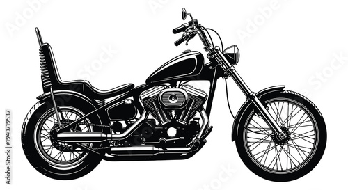 A detailed black and white illustration of a classic chopper motorcycle showcasing its custom design silhouette high quality professional modern elegant