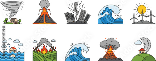 Natural disaster icons set including volcano eruption, earthquake, tsunami wave, tornado, flood, wildfire, and landslide, climate change and emergency safety concept