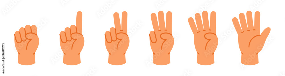 Obraz premium Cartoon hand gestures counting from 0 to 5. Colorful vector icons for preschool math and number learning materials