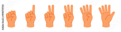 Cartoon hand gestures counting from 0 to 5. Colorful vector icons for preschool math and number learning materials