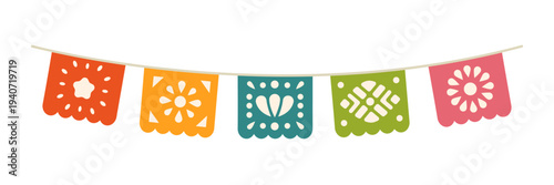 Colorful papel picado banner with five festive flags. Flat vector decoration for Mexican holidays and celebrations