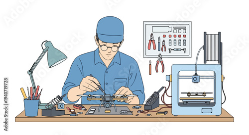 A technician in a blue uniform works on electronic equipment at a cluttered office desk with various tools and a 3D printer in the background, in a flat 2D illustration with a tech and innovation