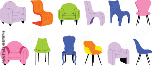 Set of colorful modern furniture icons including mid century chairs, plush armchairs, minimalist seating, velvet sofas, and contemporary home interior decor,