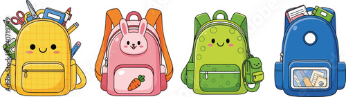 school, backpack, cute, cartoon, bag, student, education, colorful, supplies, stationery, kids, kawaii, character, learning, illustration, vector, childhood, study, collection, design