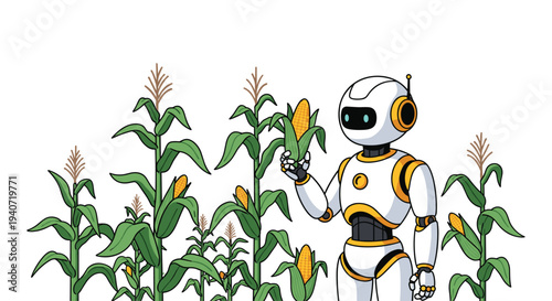 A friendly white robot with yellow and black accents stands within a lush field of tall green corn stalks, holding a freshly harvested yellow corn cob.