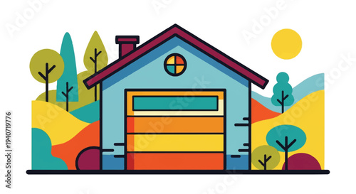 Colorful flat illustration of a house and landscape