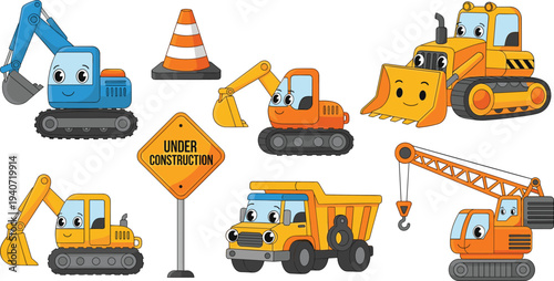 Set of cute construction vehicle characters including blue excavator, yellow bulldozer, orange crane, dump truck, traffic cone, and under construction sign,