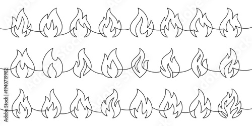 Line art of fire flame. Vector seamless border of flame outlines for digital decoration, crafts, and coloring