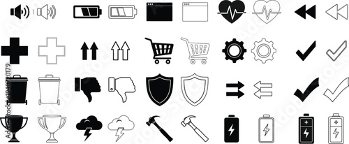 Set of 40 Essential UI UX Icons Vector Collection for Web and Mobile Interfaces, Featuring Black Solid and Outline Styles for Modern Design Projects