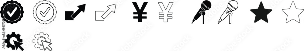 Fototapeta premium Set of 12 Black and White Outline Business and Interface Icons Vector, including Checkmark, Growth Arrow, Yen Symbol, Microphone, Star, and Gear for Web Design