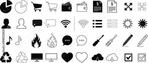 Set of 40 Black and White Outline and Solid Fill Universal Interface Icons Vector for Web, Mobile UI, and Graphic Design Projects