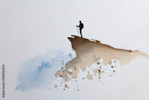 Minimalist watercolor painting of a person on a cliff edge