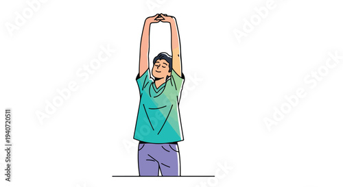 A healthcare worker in a post-pandemic setting performs a stretching exercise in a flat 2D illustration with a focus on health and wellness.