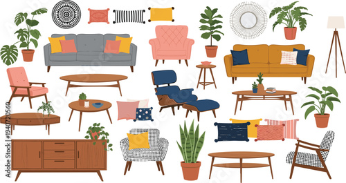 Set of modern furniture icons including mid century sofas, armchairs, coffee tables, wooden sideboards, indoor potted plants, cushions, and home decor,