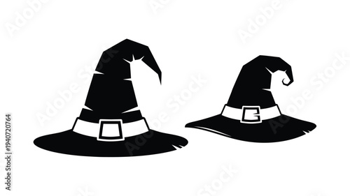 Two classic pointed witch hats displayed in stark contrast silhouette