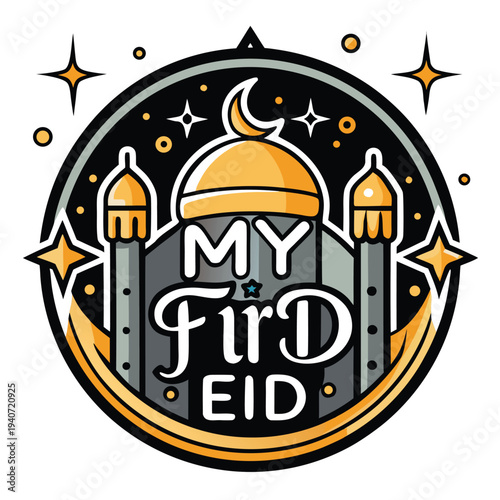 My First Eid Typography with Crescent Moon and Stars Minimal Line Art Islamic Vector