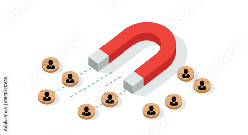 A three-dimensional red U-shaped magnet with grey tips attracts eight circular wooden tokens with person silhouettes.