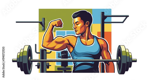 Man flexing bicep lifting weights workout illustration