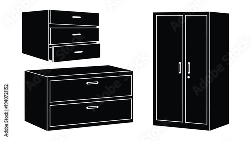 Black furniture set including a dresser cabinet and chest silhouette