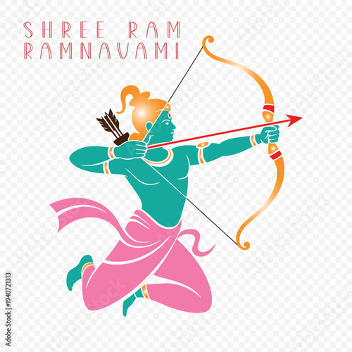 A colorful illustration of Lord Rama in a kneeling position aiming a bow and arrow