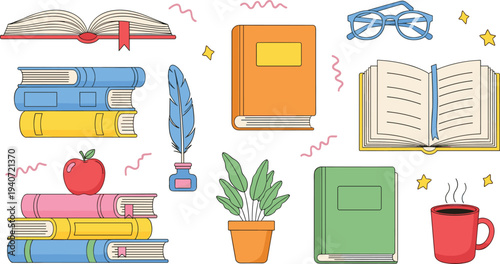 Vector illustration set of colorful books, open notebooks, reading glasses, ink quill, potted plant, coffee mug, and apple for education,